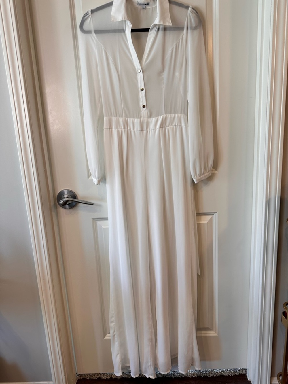Fashion Nova White Sheer Chiffon Long Sleeve Wide Leg Jumpsuit - Size M
